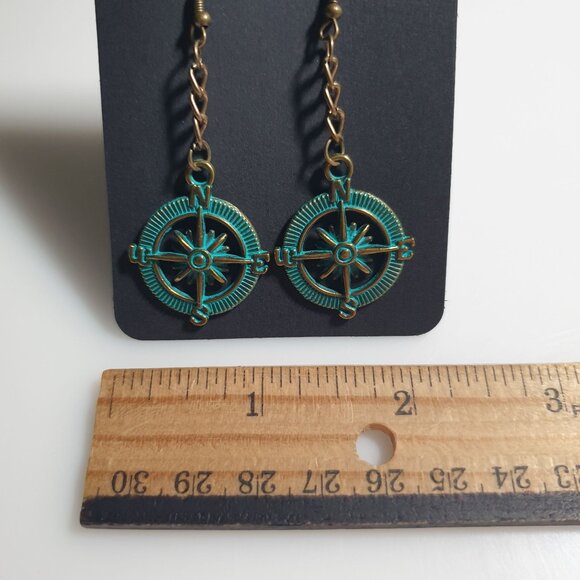 Nautical Compass Dangle Earrings Antique Bronze Patina Chain Hook Beach Core - Picture 3 of 4